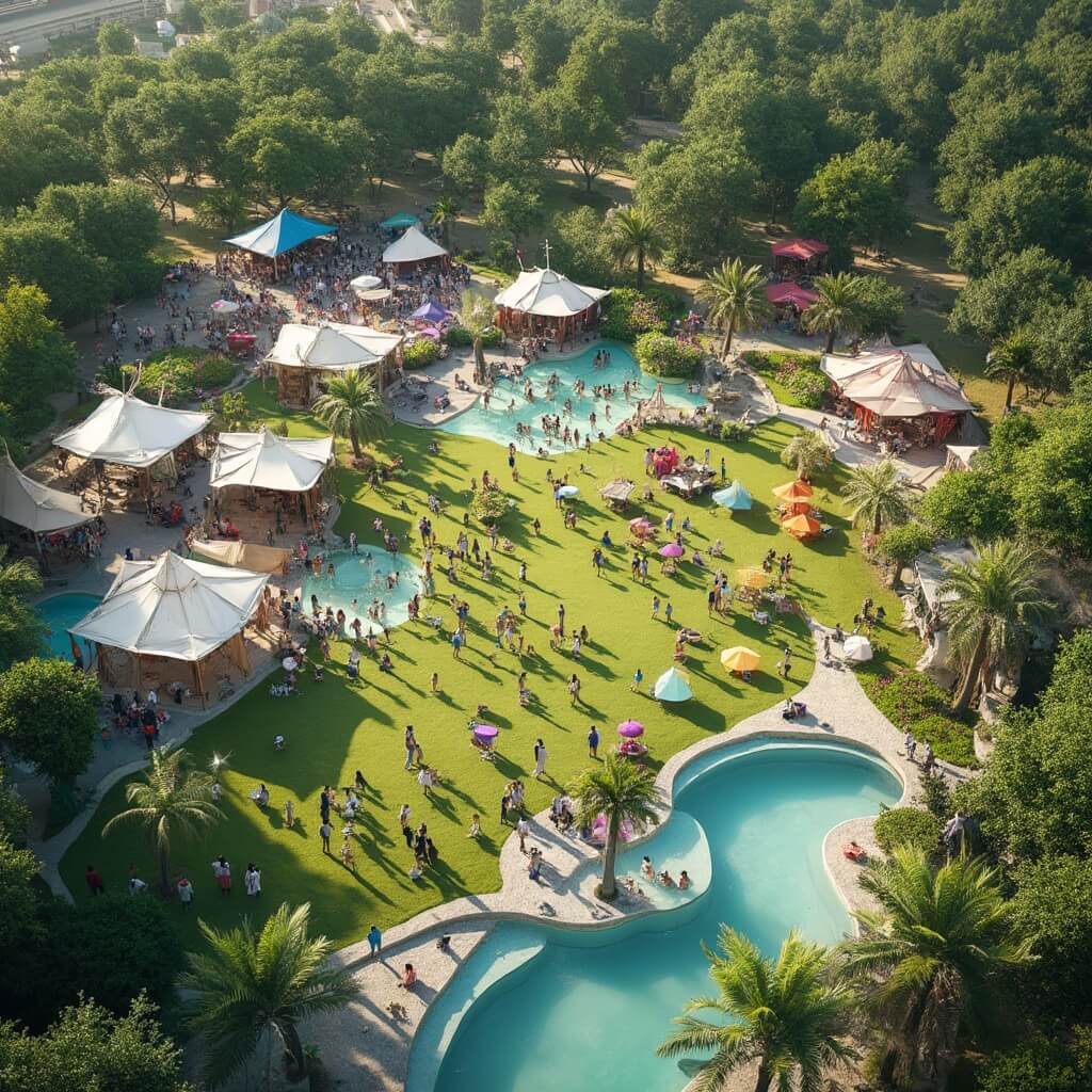 Sizzling Secrets: Why Hialeah in July Will Blow Your Mind (And Melt Your Expectations) Aerial view of Milander Park during a summer festival featuring pop-up tents, outdoor stages, splash pads with children playing, food vendors, and families under shaded areas amidst vibrant landscaping