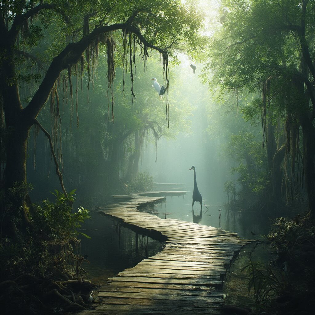 March in Cape Coral: Your Ultimate Sunshine Escape (Without the Summer Crowds) Early morning view of Four Mile Cove Ecological Preserve's boardwalk winding through a dense mangrove forest with a great blue heron in shallow water below and white ibises in the trees above.