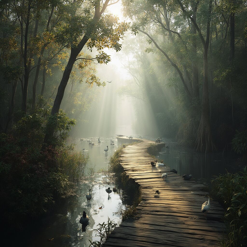 Beat the Winter Blues: Your Ultimate Cape Coral February Escape Guide Serene morning at Four Mile Cove Ecological Preserve with a winding wooden boardwalk, mangrove forests bathed in soft golden sunlight, calm reflecting waters with white ibises wading, mist rising and dew drops on leaves.