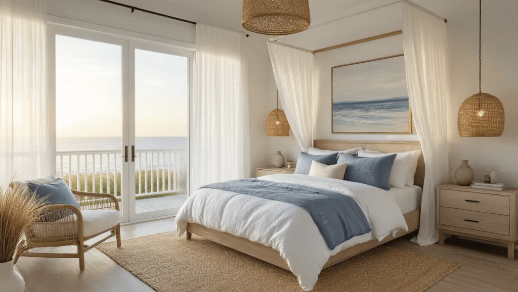 Crafting Your Dream Modern Coastal Master Bedroom: A Serene Sanctuary Awaits Photorealistic master bedroom featuring golden hour lighting through sheer curtains, a king-sized canopy bed with textured bedding, woven rattan pendant lights, and coastal decor elements, set on whitewashed oak floors with a jute rug.