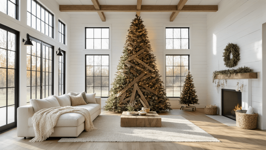 Photorealistic interior of a double-height modern farmhouse living room at golden hour, featuring a 9-foot architectural Christmas tree made from whitewashed reclaimed wood against a white shiplap wall, with natural light casting shadows on wide-plank oak flooring. A plush cream sectional is adorned with knit throws, and delicate LED string lights interweave through the tree. Minimal brass and glass ornaments and garlands of dried eucalyptus and pine add organic touches.