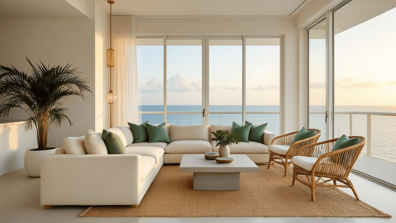 Photorealistic interior of a contemporary Florida living room at golden hour, featuring floor-to-ceiling hurricane windows, a cream sectional sofa with sage green and ocean blue pillows, rattan accent chairs, a minimalist concrete coffee table, and a potted palm. Natural jute rug on terrazzo flooring, brushed brass lighting fixtures, and textured white walls, all bathed in warm sunlight.