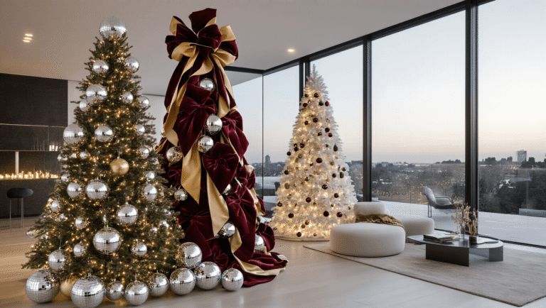 Creative Christmas Tree Ideas for 2025: Unleash Your Festive Imagination A photorealistic interior scene featuring multiple Christmas trees: a 9-foot noble fir with mirror disco balls, a majestic tree with oversized burgundy and gold bows, and a minimalist white-flocked tree. The contemporary living space boasts floor-to-ceiling windows, twilight light, modern furnishings, and polished concrete floors reflecting the festive decor.