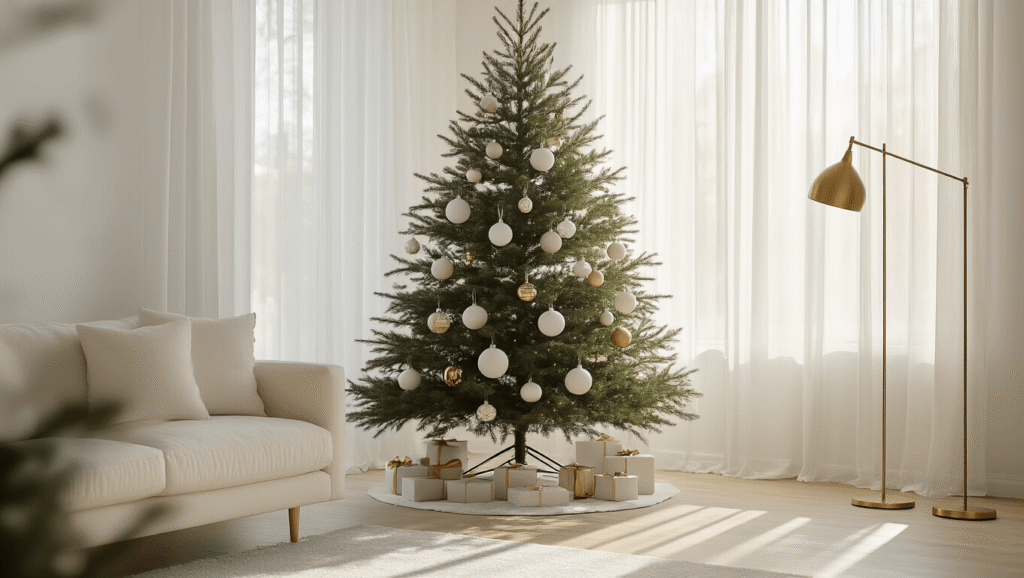 Christmas Tree Decorations 2025: A Trendsetter's Guide to Festive Home Styling A bright Scandinavian-style living room corner features a 7-foot Christmas tree adorned with matte white, natural wood, and brass geometric ornaments, with sunlight filtering through sheer curtains, complemented by a cream linen sofa and brass floor lamp on white oak flooring.