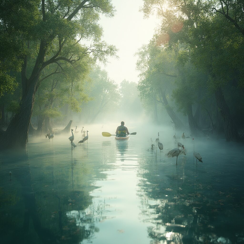 Why Cape Coral in January is Your Ultimate Winter Escape (Without the Winter Chills!) Mangrove trees reflected in calm waters at Four Mile Cove Ecological Preserve, with a lone kayaker, wading birds, and morning sunlight filtering through mist
