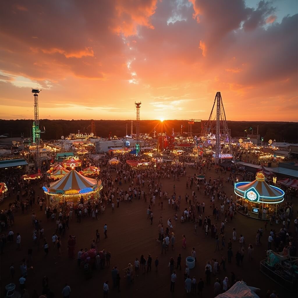 Why Tallahassee in November is Your Secret Escape from Boring Winter Blues North Florida Fair at sunset with silhouetted carnival rides, festive lights, crowds, agricultural exhibits, and cool November evening atmosphere