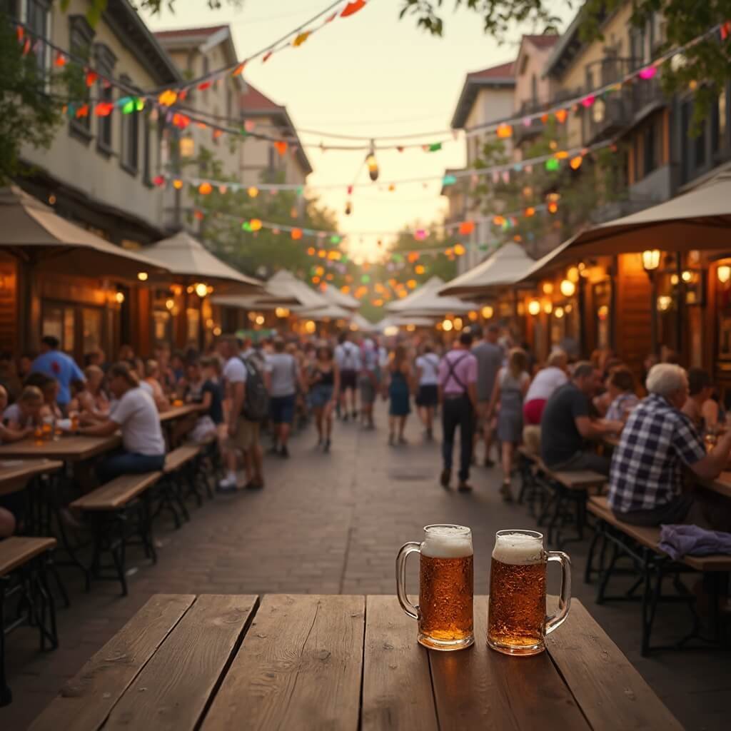 Tropical Paradise Beckons: Why Fort Lauderdale in October is Your Ultimate Escape Crowd enjoying Oakland Park Oktoberfest in beer garden with wooden tables, colorful lights, authentic steins and blurred live music stage in background