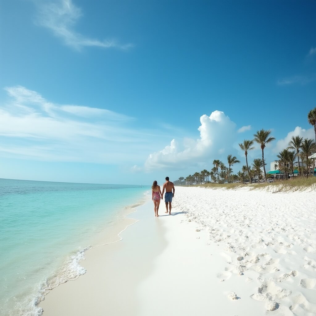 Pristine white sand beach in Panama City with few beachgoers, calm turquoise Gulf waters, palm trees swaying, and a couple walking hand-in-hand in the foreground.