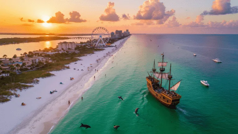 The Ultimate October Escape: Why Panama City Beach Should Be Your Next Destination "Aerial drone view of Panama City Beach at sunset featuring white sand, green gulf waters, beachgoers, a passing pirate ship, the glowing Pier Park ferris wheel in the distance, leaping dolphins, and distant boats, with warm orange and pink clouds in the October sky."