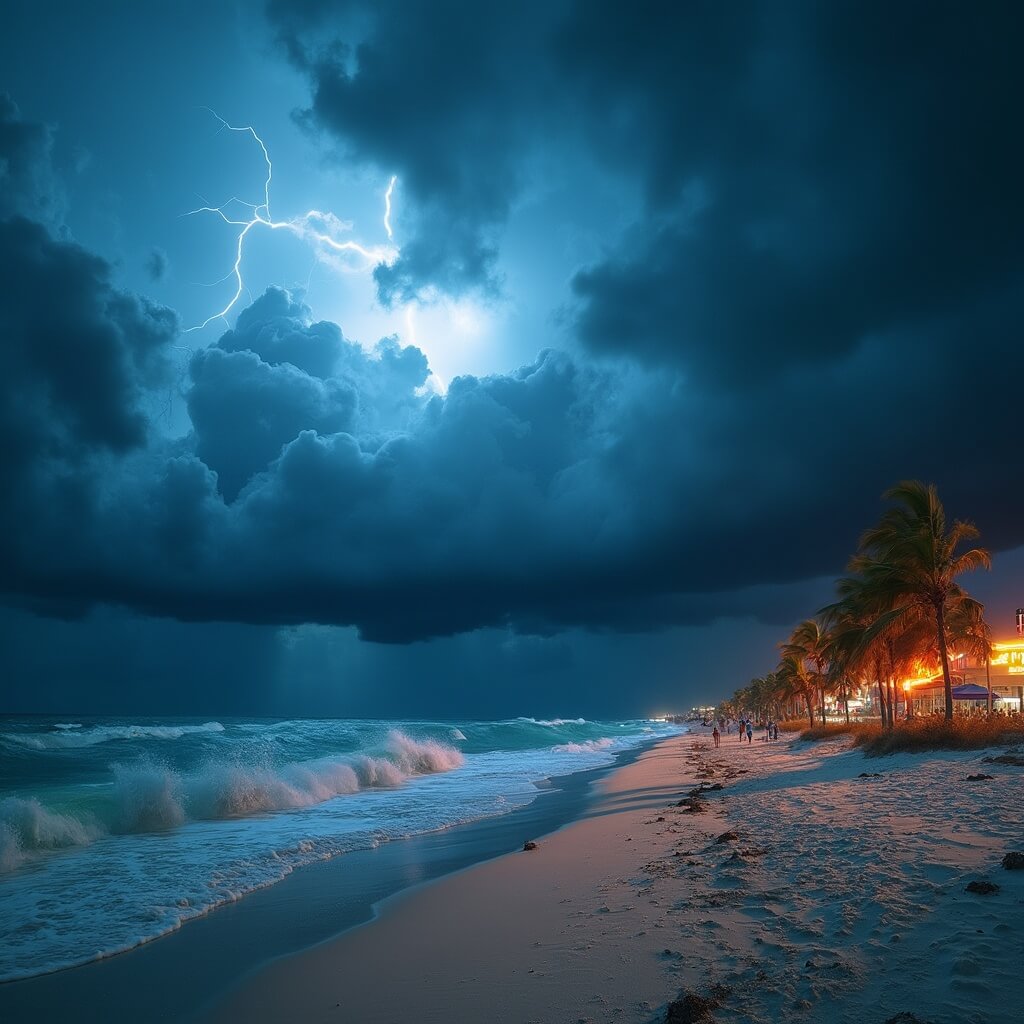 Sizzling Secrets: Why Panama City Beach in July Will Blow Your Mind (And Melt Your Worries Away) Summer thunderstorm over Panama City Beach with dark clouds, lightning, deserted beach and waves, with a glowing neon sign of a beach bar in the distance