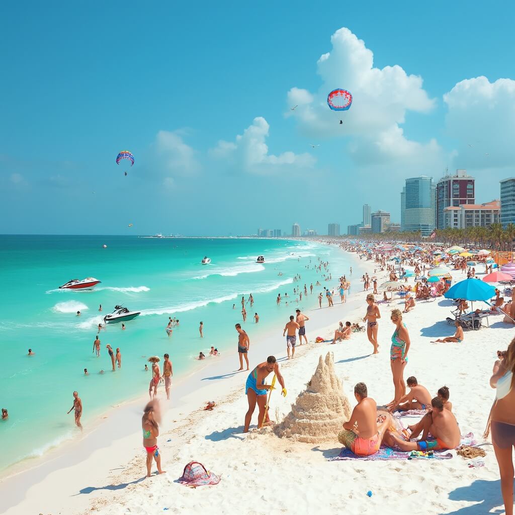 Why Panama City Beach in June Will Blow Your Mind (Literally and Figuratively!) Family building a sandcastle on a busy Panama City Beach with colorful umbrellas, beachgoers, jet skis, and parasails under the bright June sun.
