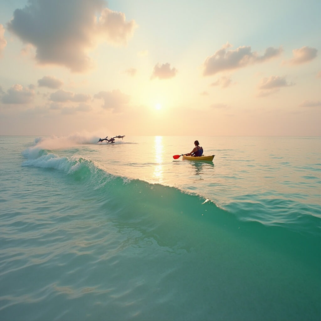 Panama City Beach in August: Your Ultimate Sunny Escape Guide A lone kayaker and leaping dolphins at sunrise on Panama City Beach with misty emerald waters and pastel pink and orange sky