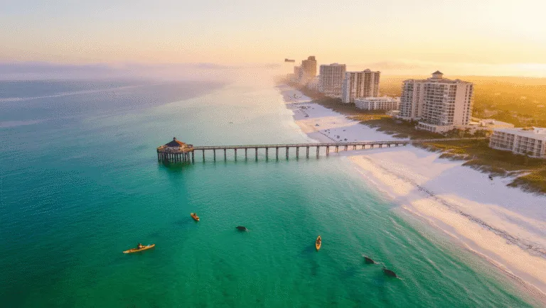 Panama City Beach in August: Your Ultimate Sunny Escape Guide "Aerial view of Panama City Beach coastline at sunrise with emerald waters, white sand beaches, morning mist, kayakers, breaching dolphins, extended pier, and high-rise resorts backdrop in August."