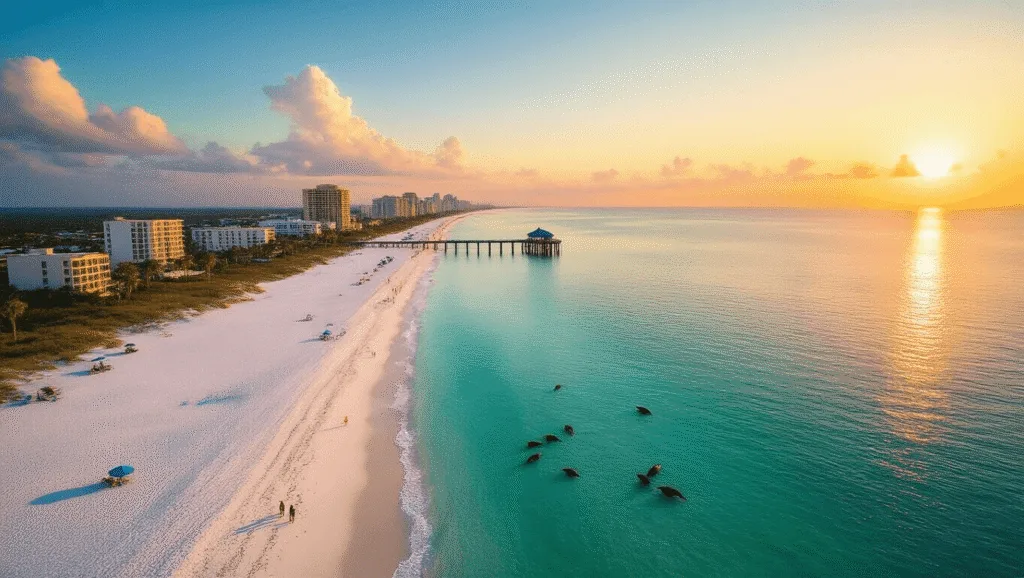 Sizzling Secrets: Why Panama City Beach in July Will Blow Your Mind (And Melt Your Worries Away) "Aerial drone view of Panama City Beach at sunset with jet skis, volleyball games, parasailers, high-rise resorts, fireworks over Pier Park, and dolphins near Shell Island, under a dramatic sky."
