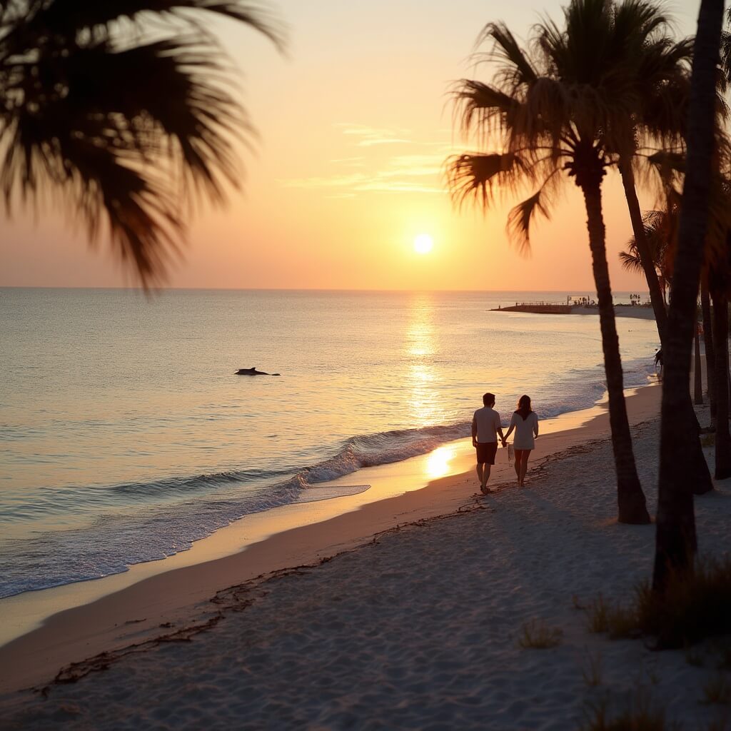 Golden sunset at Panama City Beach with palm tree silhouettes, dolphins in the distance and people strolling along the shore in December.