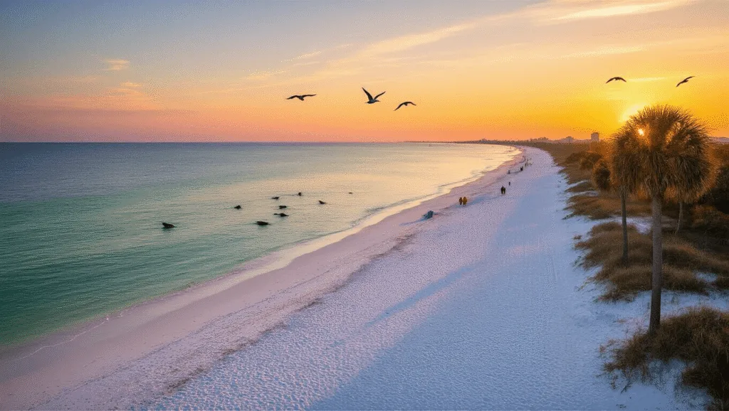 Why November in Panama City Beach is Your Secret Winter Sun Escape "Panorama of Panama City Beach at sunset in November, showcasing white sand, calm Gulf waters reflecting orange and pink skies, soaring birds, frolicking dolphins, swaying palm trees, and beachgoers in the golden light, with St. Andrews State Park in the background."