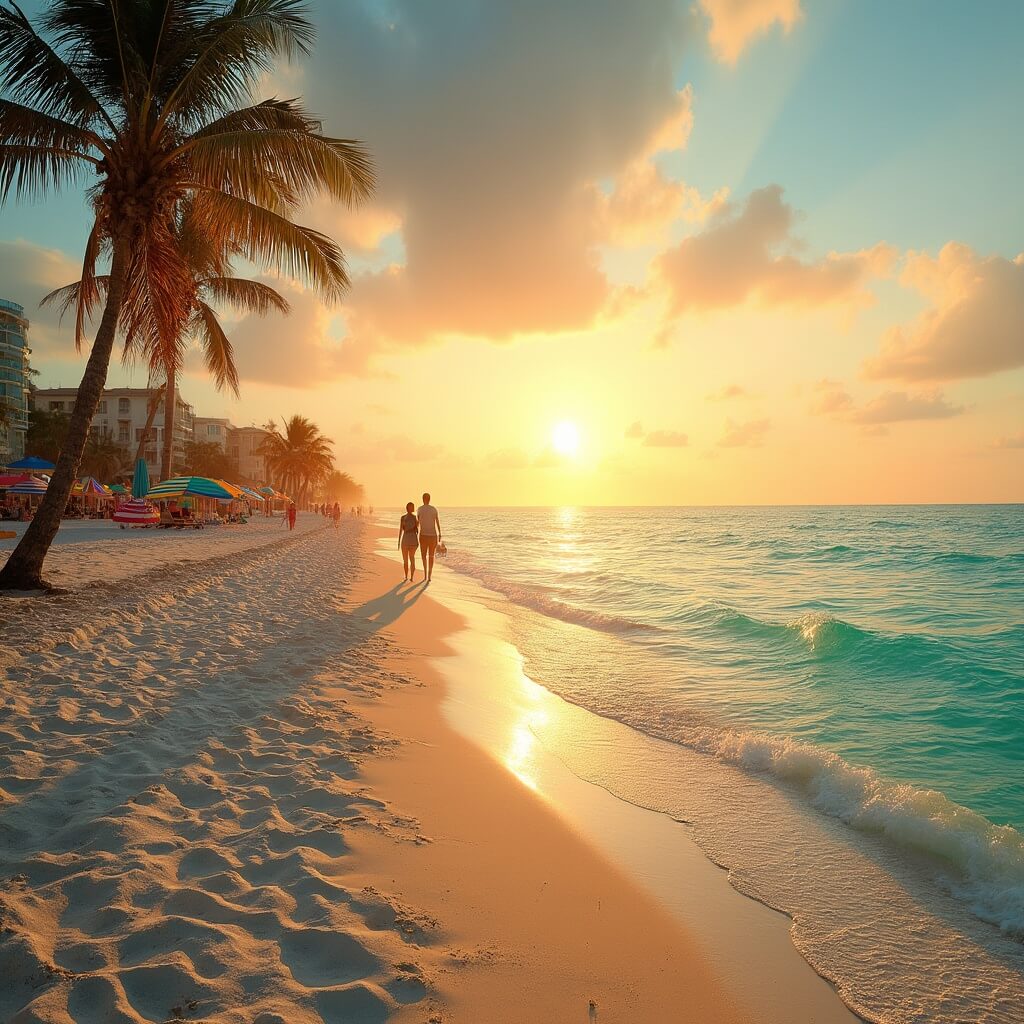 Panama City Beach scene in October with sparse colorful umbrellas, a distant couple walking by the shoreline, palm trees against a colorful sunset, and clear turquoise waters lapping at the golden sand