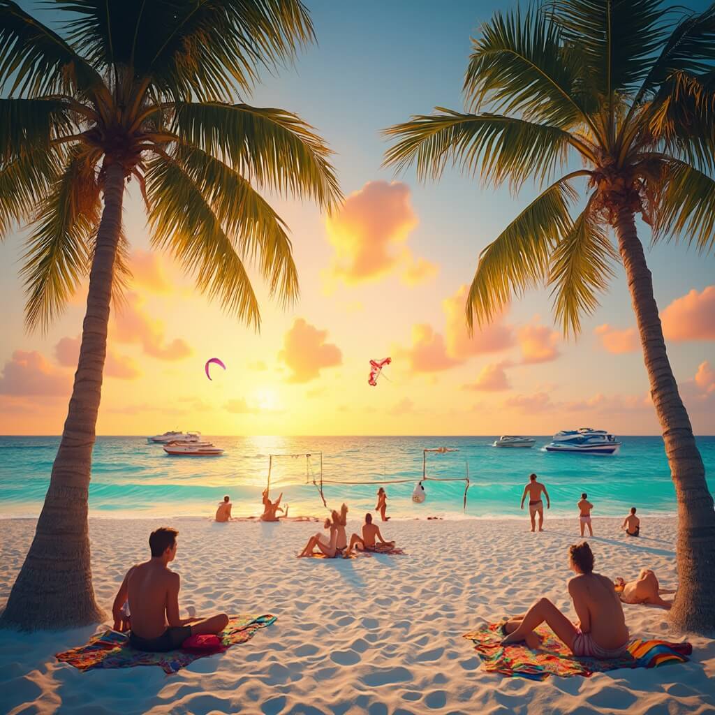 Sizzling Secrets: Why Panama City Beach in July Will Blow Your Mind (And Melt Your Worries Away) Beachgoers playing volleyball and relaxing on colorful towels at a vibrant Panama City Beach during a golden sunset, with a view of turquoise waters, jet skis, parasailers, and swaying palm trees.