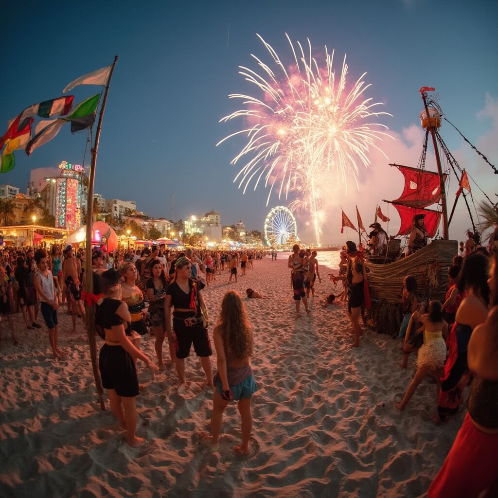 The Ultimate October Escape: Why Panama City Beach Should Be Your Next Destination Pirates in costumes mock-battling on a replica ship at a lively beach festival in Panama City, with children searching for treasure, colorful banners, a lit-up Ferris wheel, and fireworks in the evening sky.