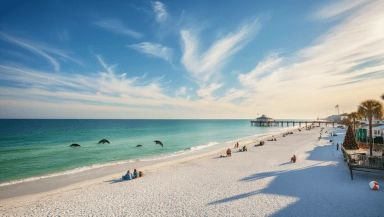 Escape Winter's Grip: Why Panama City Beach in December is Your Ultimate Sunshine Sanctuary "Panama City Beach in December, featuring serene emerald waters, sparsely populated beach with holiday decorations, Christmas tree on the pier, beach ball decorations and a temperature sign reading '65°F'"