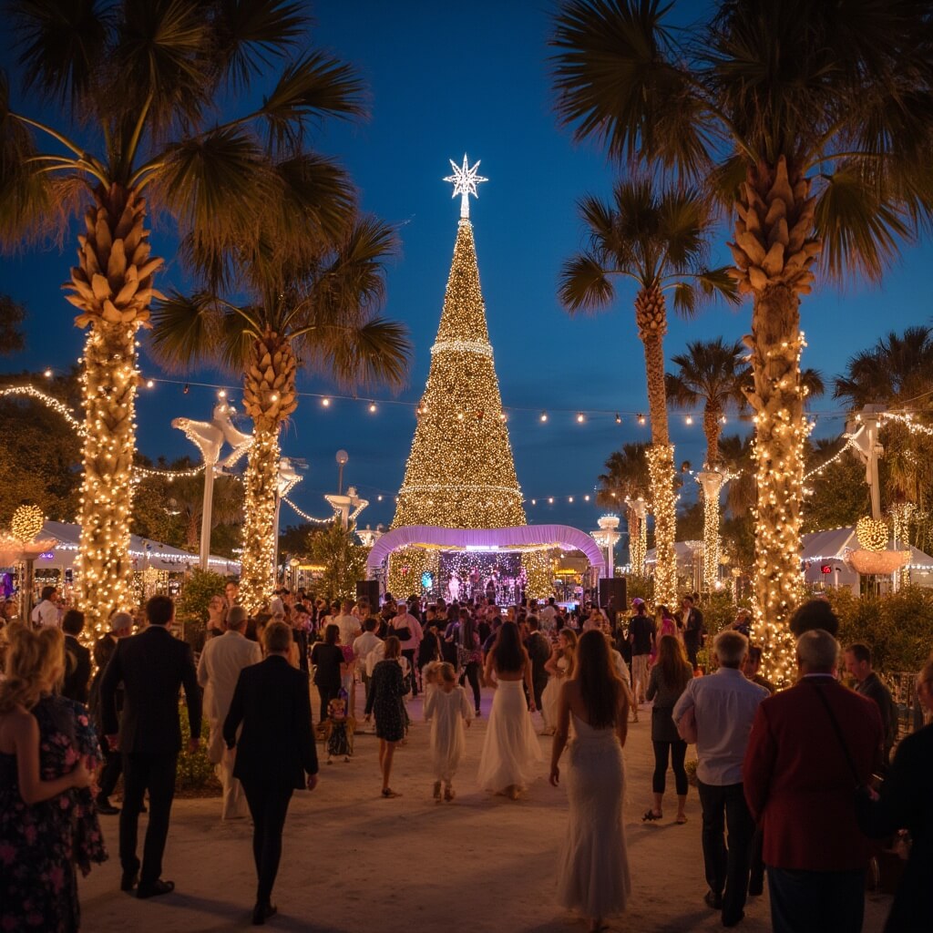Escape Winter's Grip: Why Panama City Beach in December is Your Ultimate Sunshine Sanctuary Families and couples at a festive celebration at Aaron Bessant Park, Panama City Beach with twinkling lights on palm trees, live music performance on stage, and a large decorated Christmas tree in the background.
