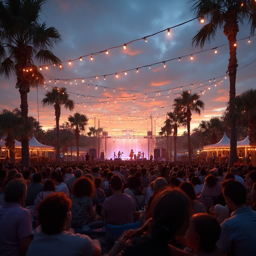 Why Panama City Beach in June Will Blow Your Mind (Literally and Figuratively!) Crowd enjoying a free summer concert at Aaron Bessant Park, Panama City Beach, under a sunset sky with string lights overhead and palm tree silhouettes.