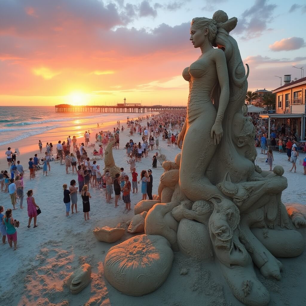 Why Clearwater Beach in March is Your Ultimate Escape (Trust Me, You'll Want to Read This) Intricate mermaid sand sculpture at Pier 60 Sugar Sand Festival with admiring crowd, street performers, and sunset over the Gulf of Mexico in the background