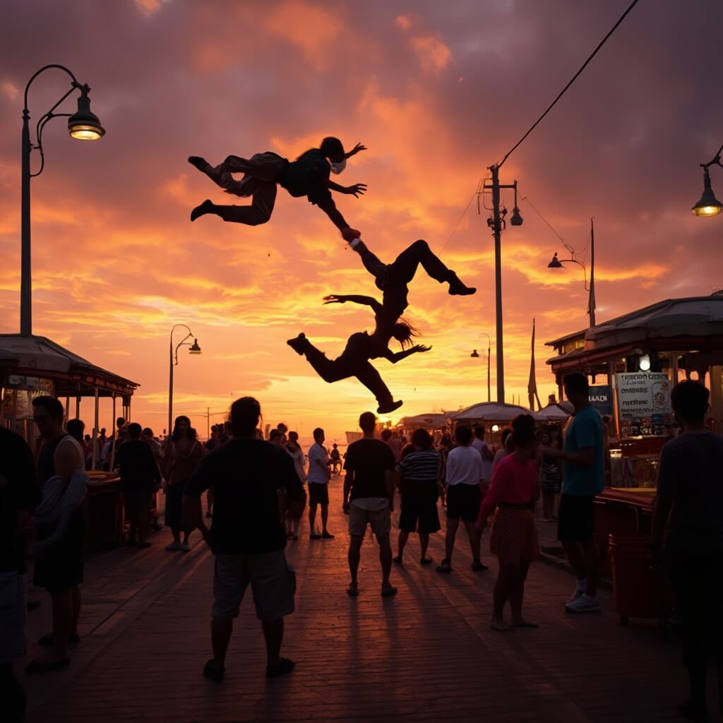 Scorching Secrets: Why Clearwater Beach in July Will Blow Your Mind (And Cool You Down) Street performers and vendors at bustling Pier 60 under dramatic sunset sky in travel photography style