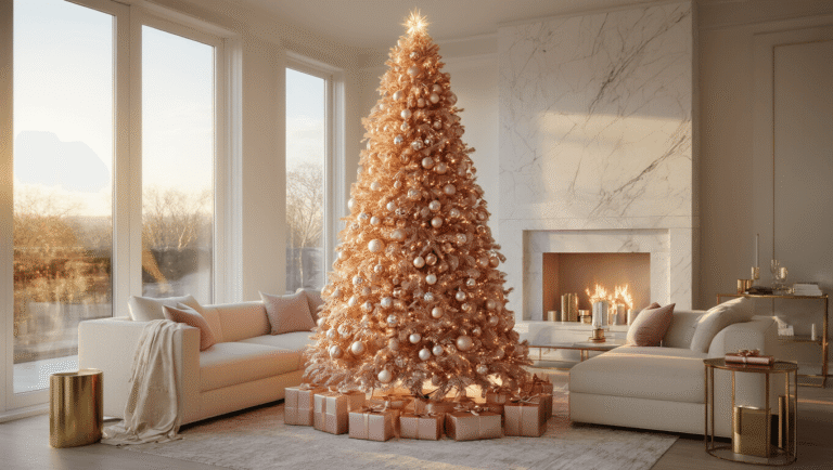 Pink Christmas Tree: A Whimsical Holiday Decor Revolution Ultra-detailed photograph of a 7-foot metallic rose gold Christmas tree in a modern luxury living room, adorned with champagne and blush pink ornaments, illuminated by warm LED lights at golden hour, with a cream linen sectional sofa and white marble fireplace in the background.