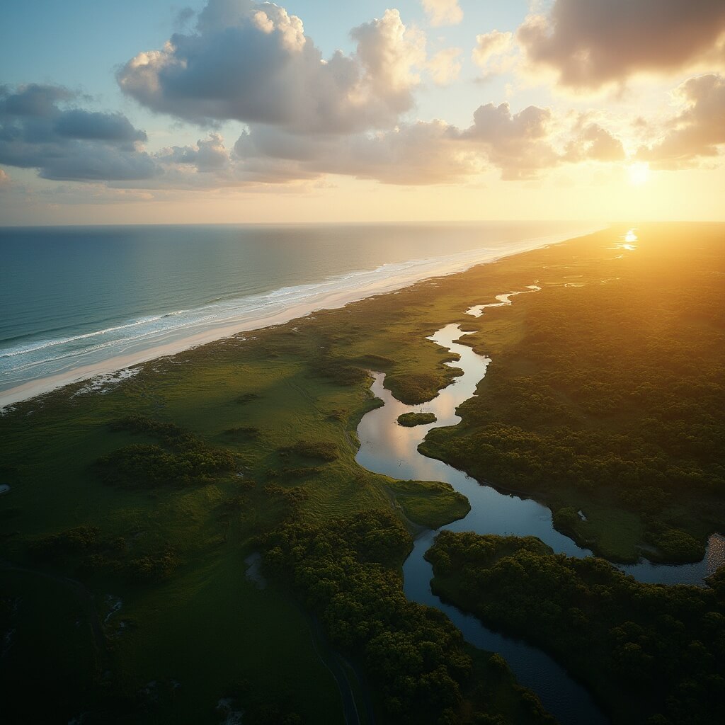 Aerial view of Port St. Lucie coastline during golden hour, showing Saint Lucie River, lush landscape, Atlantic Ocean, pristine beaches, and coastal vegetation