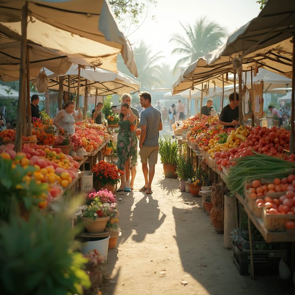 Scorching Sun, Tropical Rains: Your Ultimate Guide to Port St. Lucie in June 🌴🌦️ Local farmer's market in Port St. Lucie with colorful fruit stands, vegetable stalls and artisanal crafts under white canopies, in warm morning light