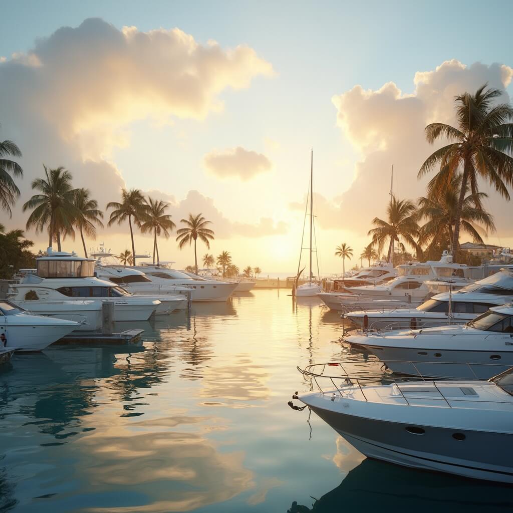 Escape the Winter Blues: Why Port St. Lucie is Your January Paradise Photorealistic image of a quiet winter morning at Port St. Lucie marina, with golden sunlight highlighting luxury boats and yachts, pastel clouds reflected in calm waters, and palm trees swaying gently.