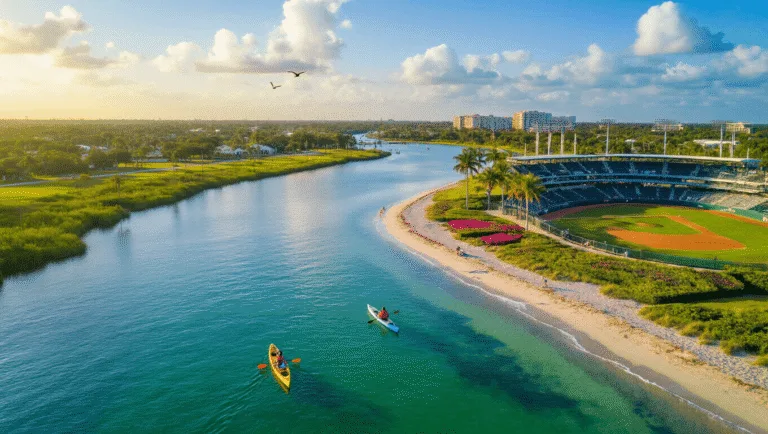 Unlock the Hidden Paradise: Why Port St. Lucie in April Will Blow Your Mind "Aerial view of Port St. Lucie with St. Lucie River, kayakers, botanical gardens, Clover Park baseball stadium, morning light, flying pelicans, shoreline waves, palm trees, preserves, urban development, clear blue skies, and scattered clouds."