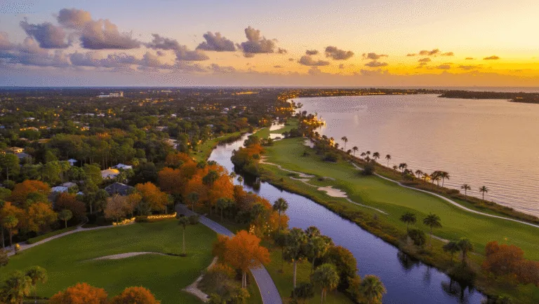 Unlocking Port St. Lucie's November Magic: Your Ultimate Escape Guide "Panoramic aerial view of Port St. Lucie during golden hour, highlighting St. Lucie River, Botanical Gardens, a golf course, maritime hammock forests, and holiday lights decoration."