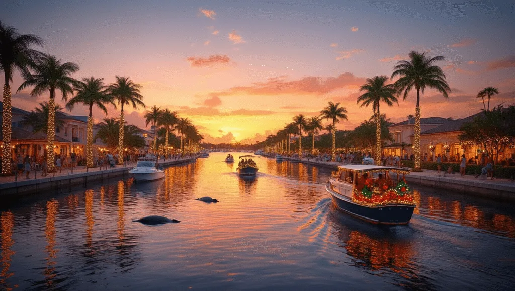 Escape to Paradise: Why Port St. Lucie Becomes Your December Dream Destination "December sunset in Port St. Lucie with a Christmas boat parade, festive shoreline buildings, people strolling the waterfront, and manatees in the water framed by holiday palm trees and citrus trees"