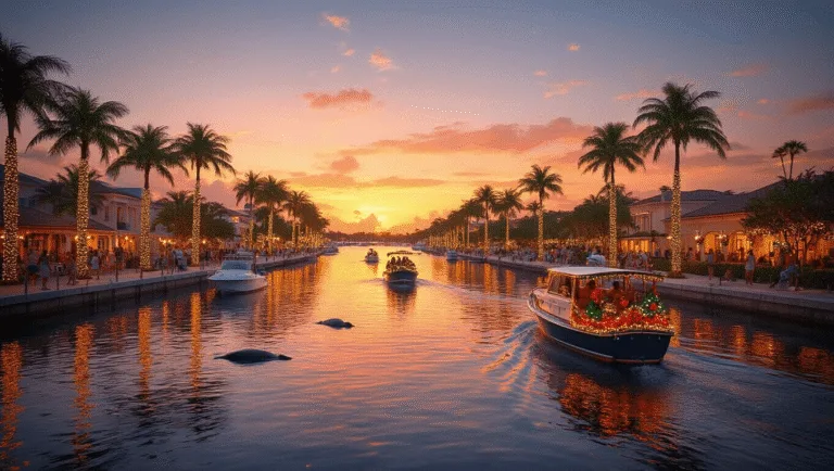 Escape to Paradise: Why Port St. Lucie Becomes Your December Dream Destination "December sunset in Port St. Lucie with a Christmas boat parade, festive shoreline buildings, people strolling the waterfront, and manatees in the water framed by holiday palm trees and citrus trees"