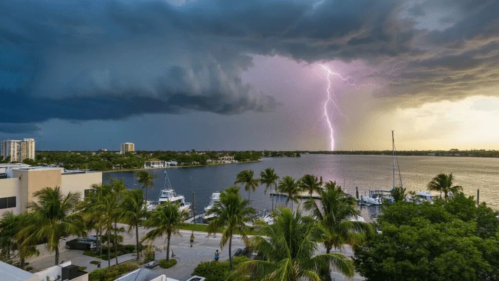 Port St. Lucie in August: Your Ultimate Survival Guide to Florida's Hottest Month "Storm clouds gathering over Port St. Lucie waterfront with palm trees, modern buildings, boats in marina, and people seeking cover."