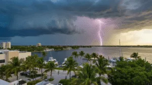 Port St. Lucie in August: Your Ultimate Survival Guide to Florida's Hottest Month "Storm clouds gathering over Port St. Lucie waterfront with palm trees, modern buildings, boats in marina, and people seeking cover."