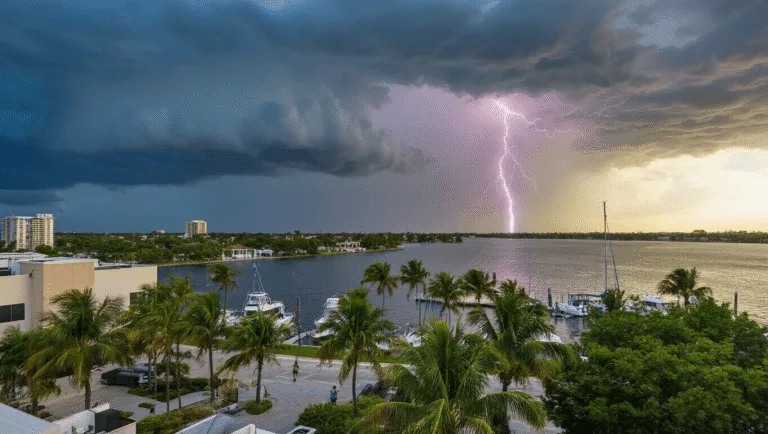 Port St. Lucie in August: Your Ultimate Survival Guide to Florida's Hottest Month "Storm clouds gathering over Port St. Lucie waterfront with palm trees, modern buildings, boats in marina, and people seeking cover."