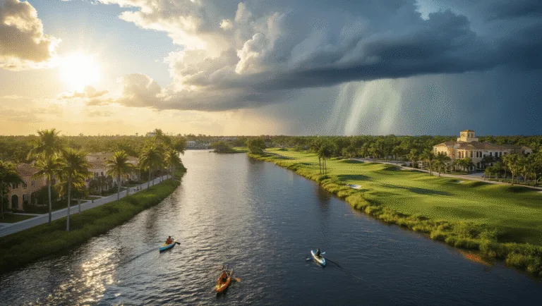 Scorching Sun, Tropical Rains: Your Ultimate Guide to Port St. Lucie in June 🌴🌦️ "Aerial view of Port St. Lucie displaying a contrast of sunny landscape and approaching storm, with kayakers on St. Lucie River and view of PGA Village golf courses"