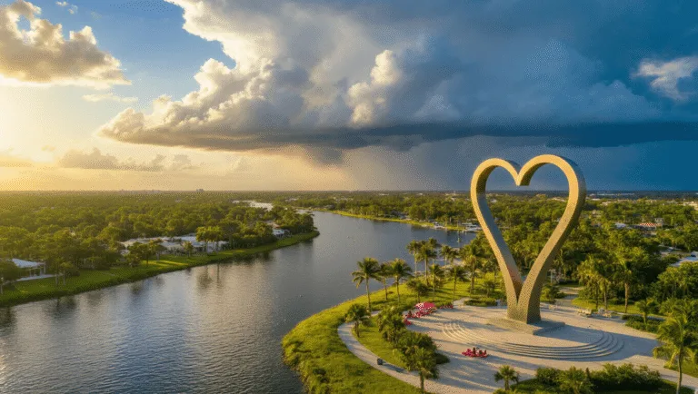 Port St. Lucie in July: Your Ultimate Hot & Happening Summer Survival Guide "Aerial view of Port St. Lucie in summer featuring the winding St. Lucie River, lush green landscapes with palm trees, sun-drenched beaches with umbrellas, and 'Heart in the Park' sculpture, with dramatic thunderclouds in the distance and warm golden sunlight."