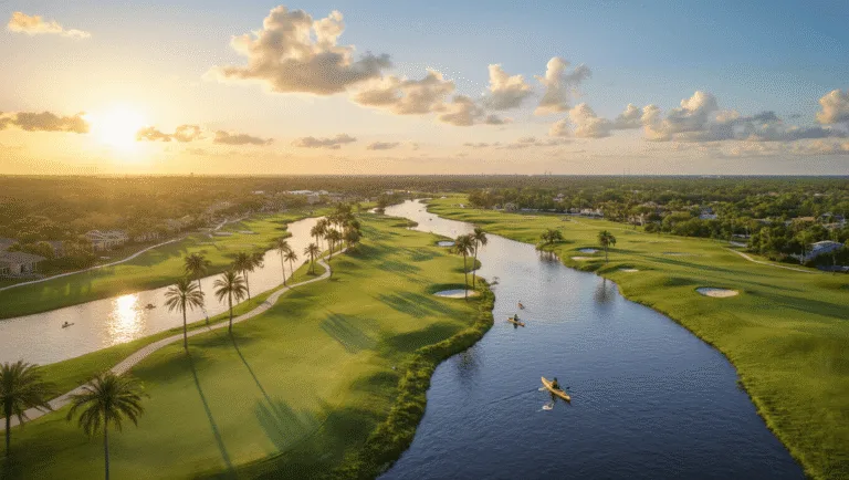 Port St. Lucie in March: Your Ultimate Sunshine Escape (Without the Crazy Spring Break Crowds!) "Aerial view of Port St. Lucie at sunset, showcasing the St. Lucie River, golf courses, spring training fields, beaches, and natural preserves, with people enjoying outdoor activities under a clear blue sky with scattered clouds"