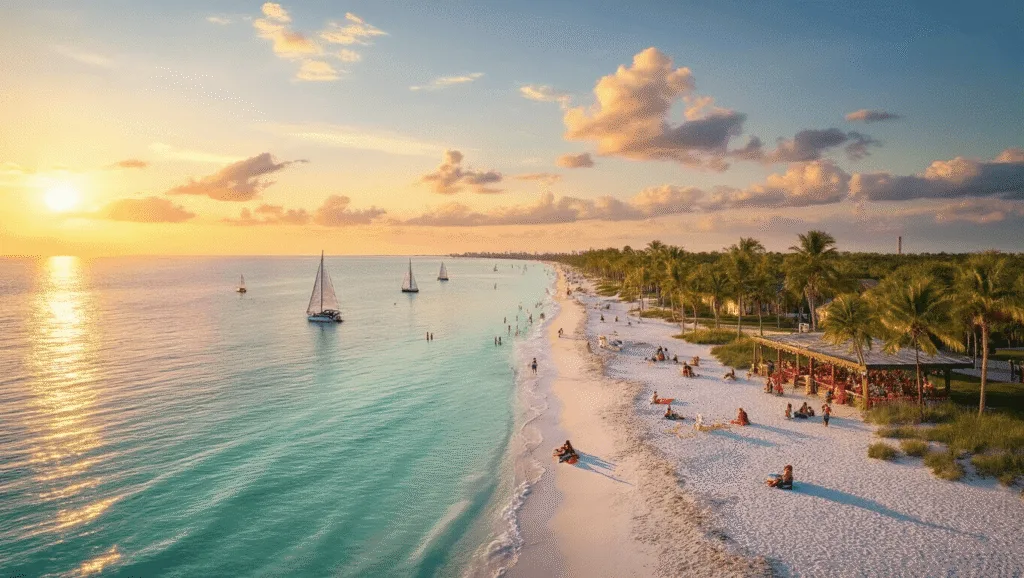 "Aerial view of Port St. Lucie beach during sunset, featuring turquoise waters, white sand, palm trees, beach activities, Botanical Gardens with fall festival decorations, orange and pink hued sky, sailboats on the horizon, and beachside pavilions with Oktoberfest banners."
