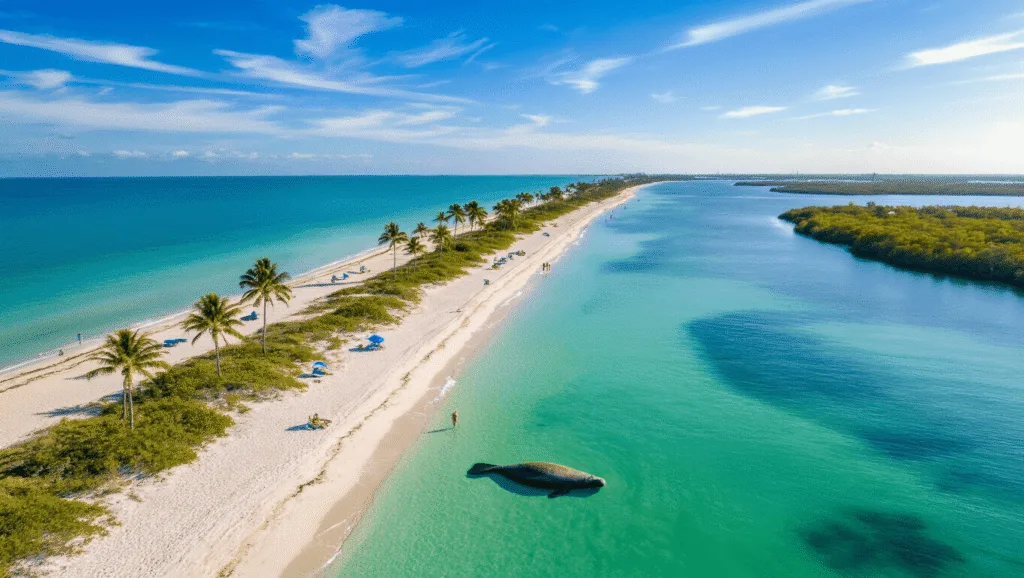 Escape the Winter Blues: Why Port St. Lucie is Your January Paradise "Aerial view of Port St. Lucie's coastline with a manatee near the shore, palm trees, and beachgoers under umbrellas in sunny 72-degree weather."