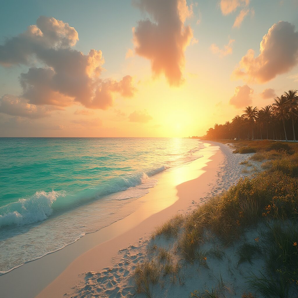 Panoramic view of Port St. Lucie beach at sunset with turquoise water, sandy shoreline, and tropical vegetation under orange and pink sky