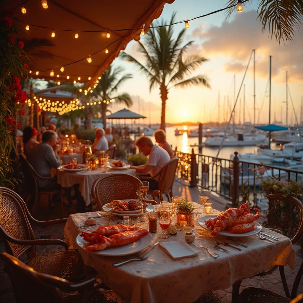 Escape to Paradise: Why Port St. Lucie Becomes Your December Dream Destination Diners enjoying fresh seafood at a vibrant waterfront restaurant during sunset in Port St. Lucie, with view of marina, boats, and palm trees