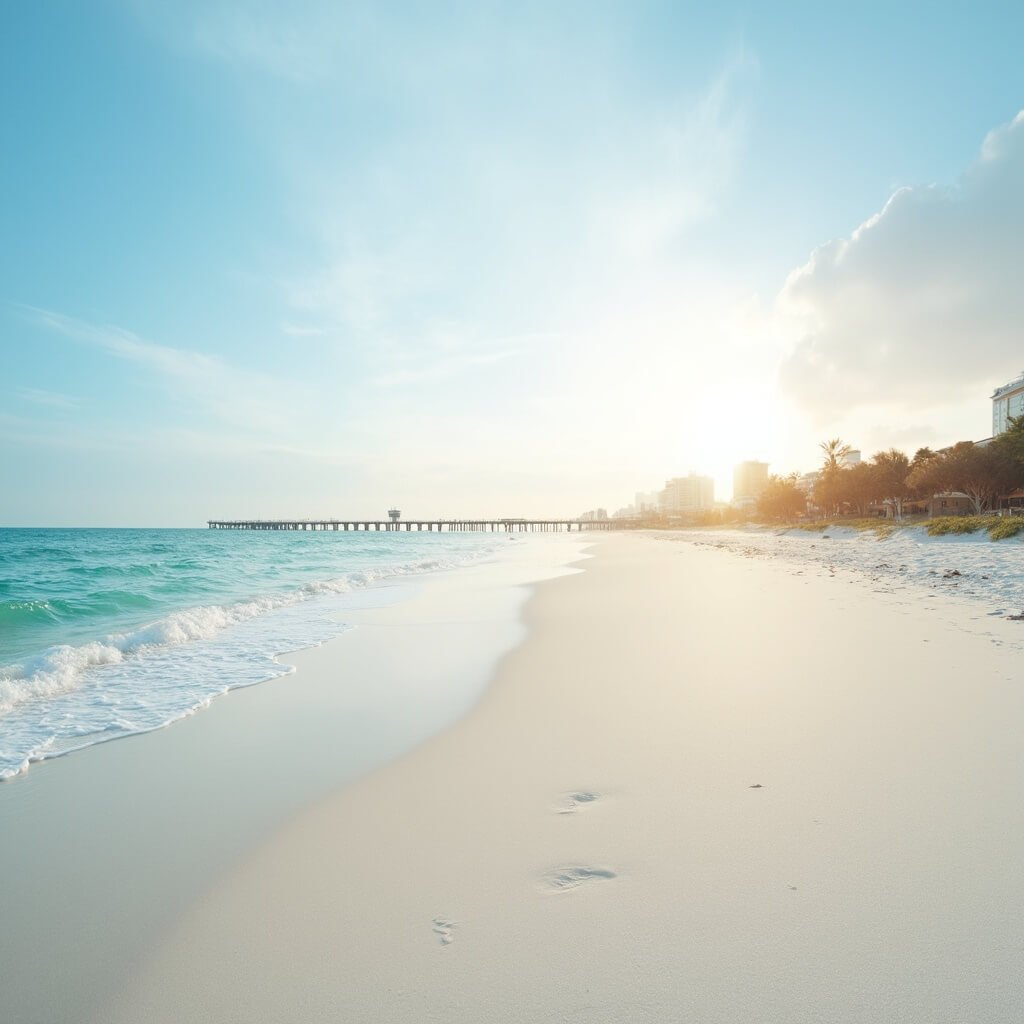 Why Clearwater Beach in March is Your Ultimate Escape (Trust Me, You'll Want to Read This) Panoramic landscape of pristine white sandy beach and turquoise waters, Pier 60 in the distant background, under early morning sunlight