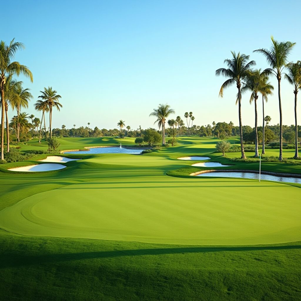 Port St. Lucie in March: Your Ultimate Sunshine Escape (Without the Crazy Spring Break Crowds!) Morning view of a professionally maintained PGA Village style golf course with palm trees, long shadows, perfectly manicured fairways, and a clear blue sky