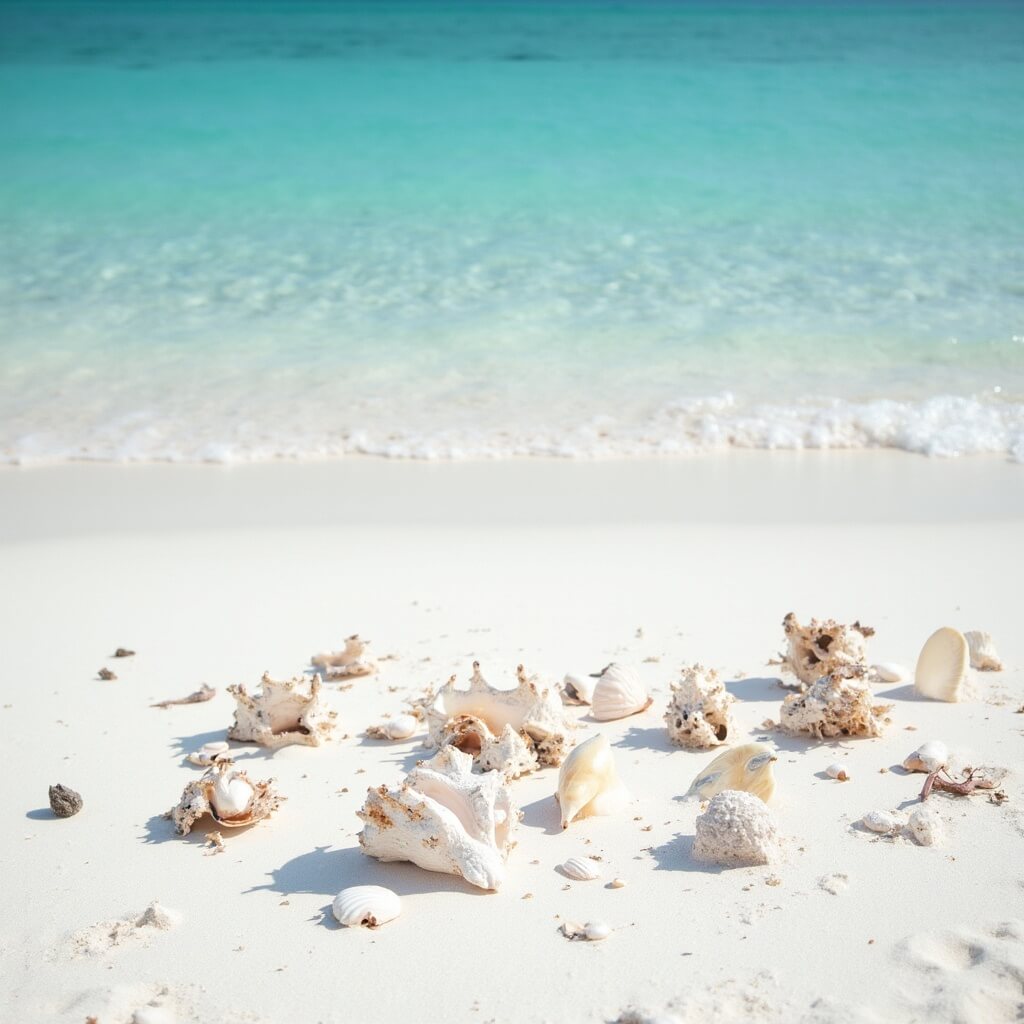Why Panama City Beach in June Will Blow Your Mind (Literally and Figuratively!) Early morning view of Shell Island with pristine white sand, unique seashells, crystal clear turquoise water, driftwood and smooth sand texture, devoid of human presence