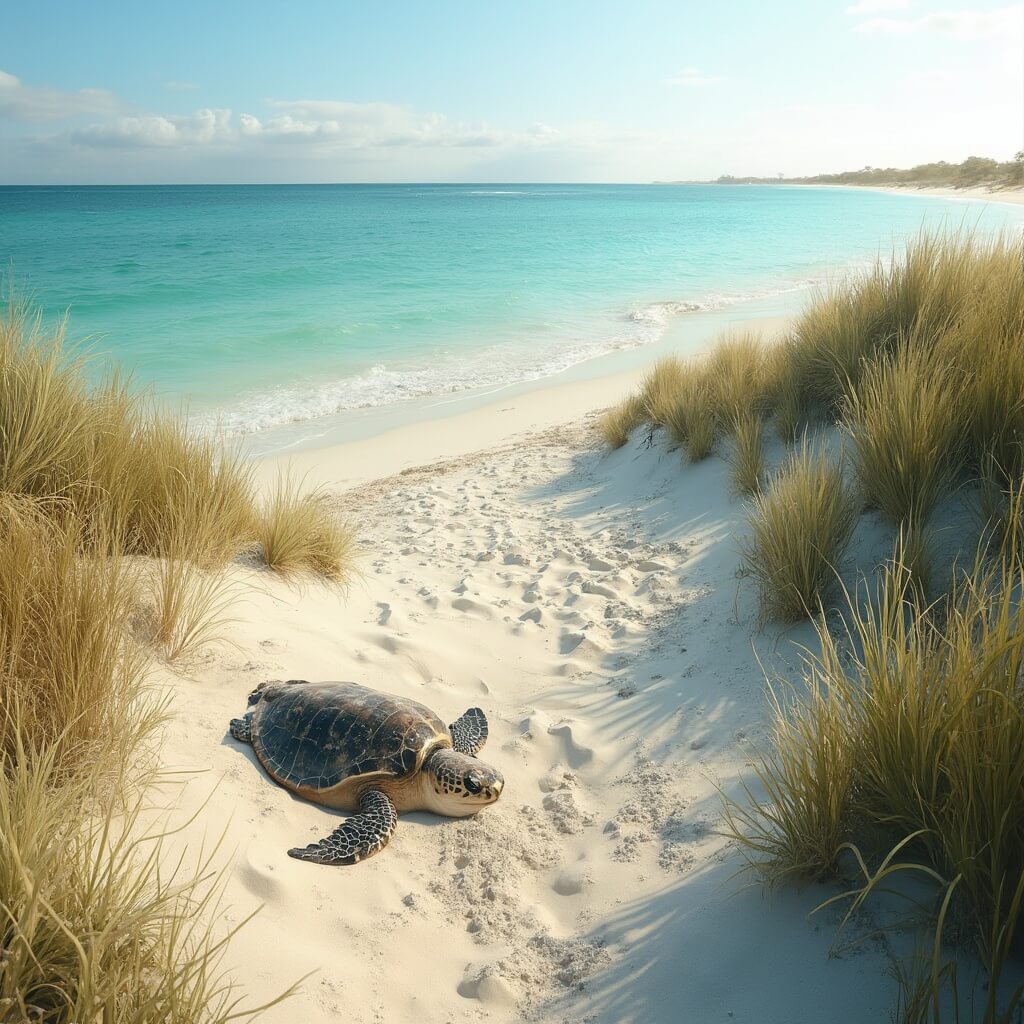 Sizzling Secrets: Why Panama City Beach in July Will Blow Your Mind (And Melt Your Worries Away) Sea turtle nesting area on a pristine beach with untouched coastal vegetation, sandy dunes, wildlife conservation markers, and turquoise waters in early morning light